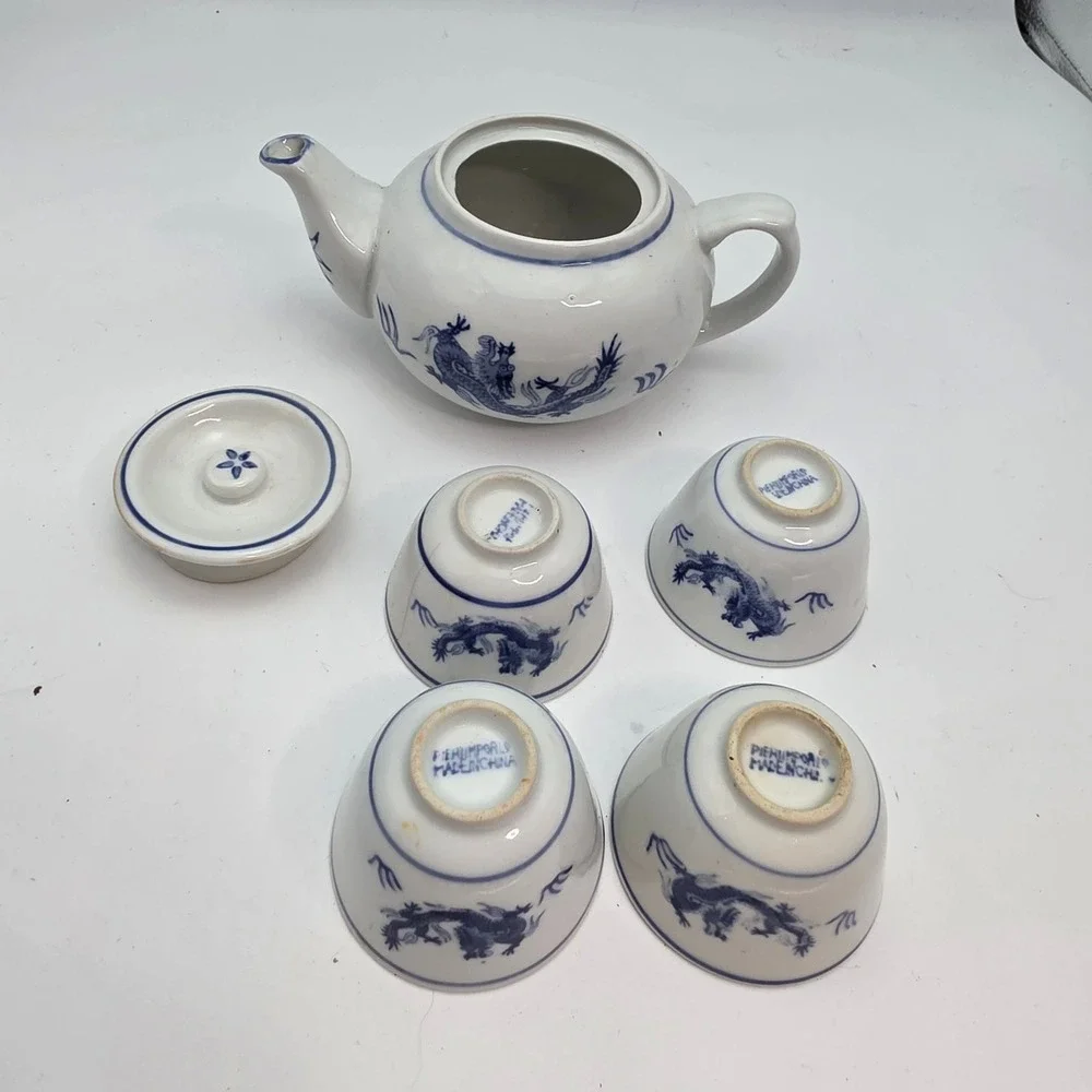 Pier 1 Imports Blue White Dragon Porcelain Tea Set Teapot 4 Cups Made in China